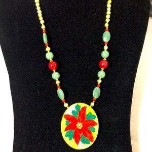 Vtg Lee Sands Poinsettia Inlaid Design With Jadeite & Pearl Beaded Necklace